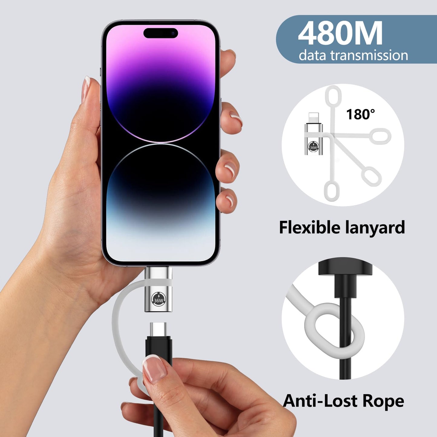 USB C to Lig-htn-ing Cable Adapter,Support PD36W Fast Charging Compatible with Phone Pad AirP-ods,with Anti-Lost Holder - 2 Pack,It Does not Support…