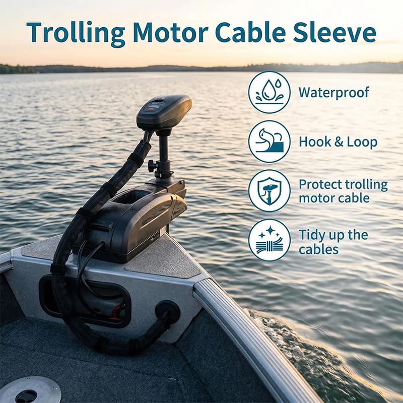 48-Inch Zippered Trolling Motor Cable Sleeve, Heavy-Duty Trolling Motor Sleeve & Outboard Motor Sleeve with 4 Pcs Touch Fastener, Organized Cable