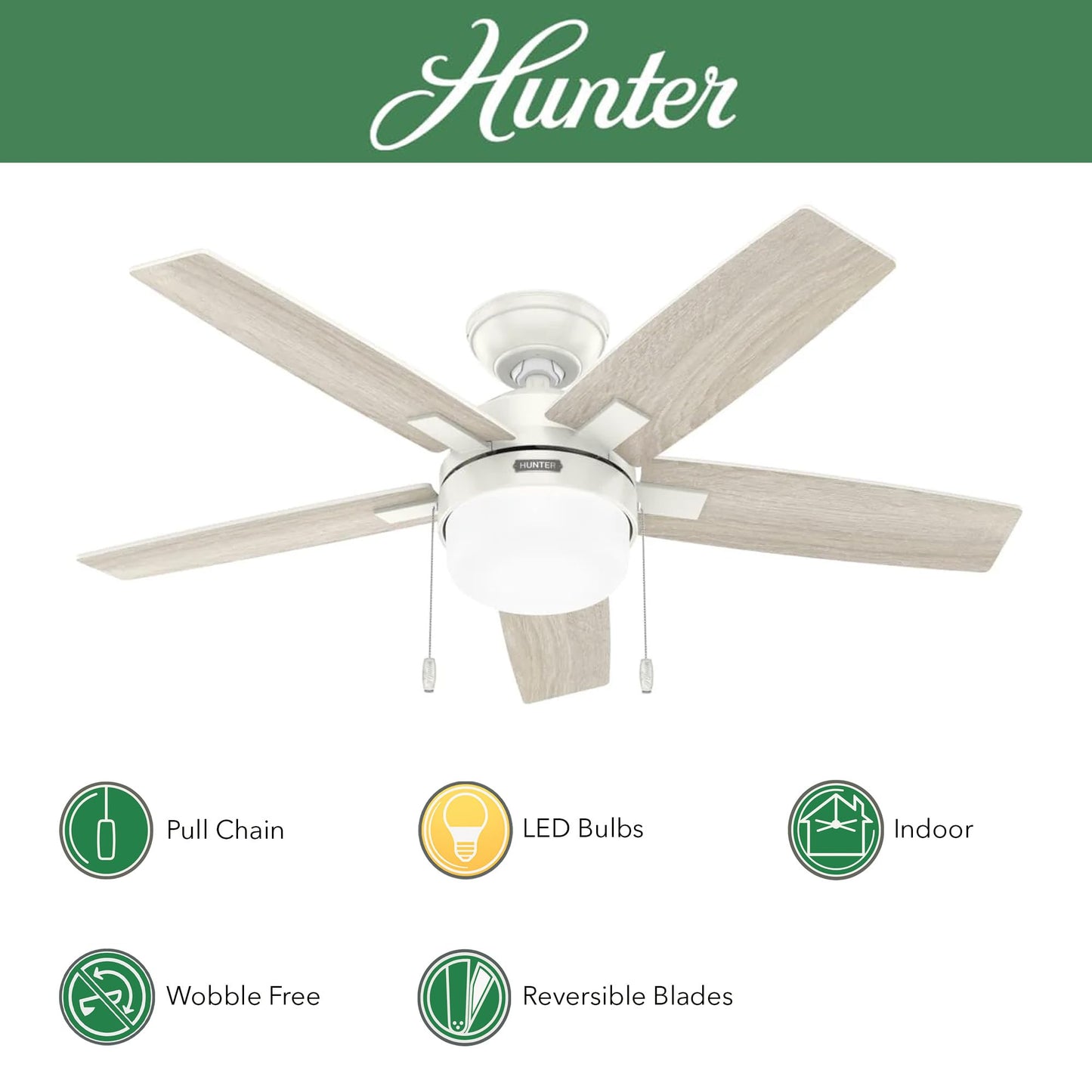 Hunter Fan 44 Inch Contemporary Fresh White Finish Indoor Ceiling Fan with LED Light Kit and Pull Chain (Renewed)
