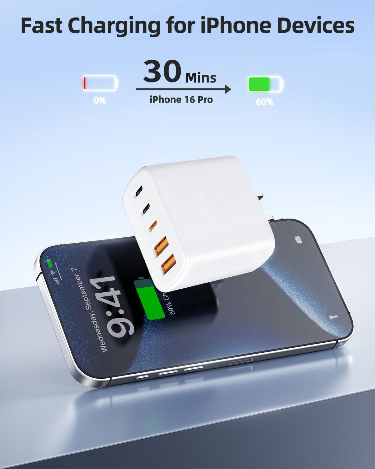 60W USB-C Charger?1-Pack 5-Port (3X USB-C + 2X USB-A) Fast Charging Block with 4FT + 6FT C-to-C Cables?Compatible for i Phone 17/17 Pro/17 Pro