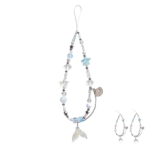 QPHYFXF 2-Pack Mermaid Seashell Beaded Phone Wrist Strap, Crystal Pearl Beach Style Phone Charm, Universal Wrist Lanyard Keychain Bag Accessory