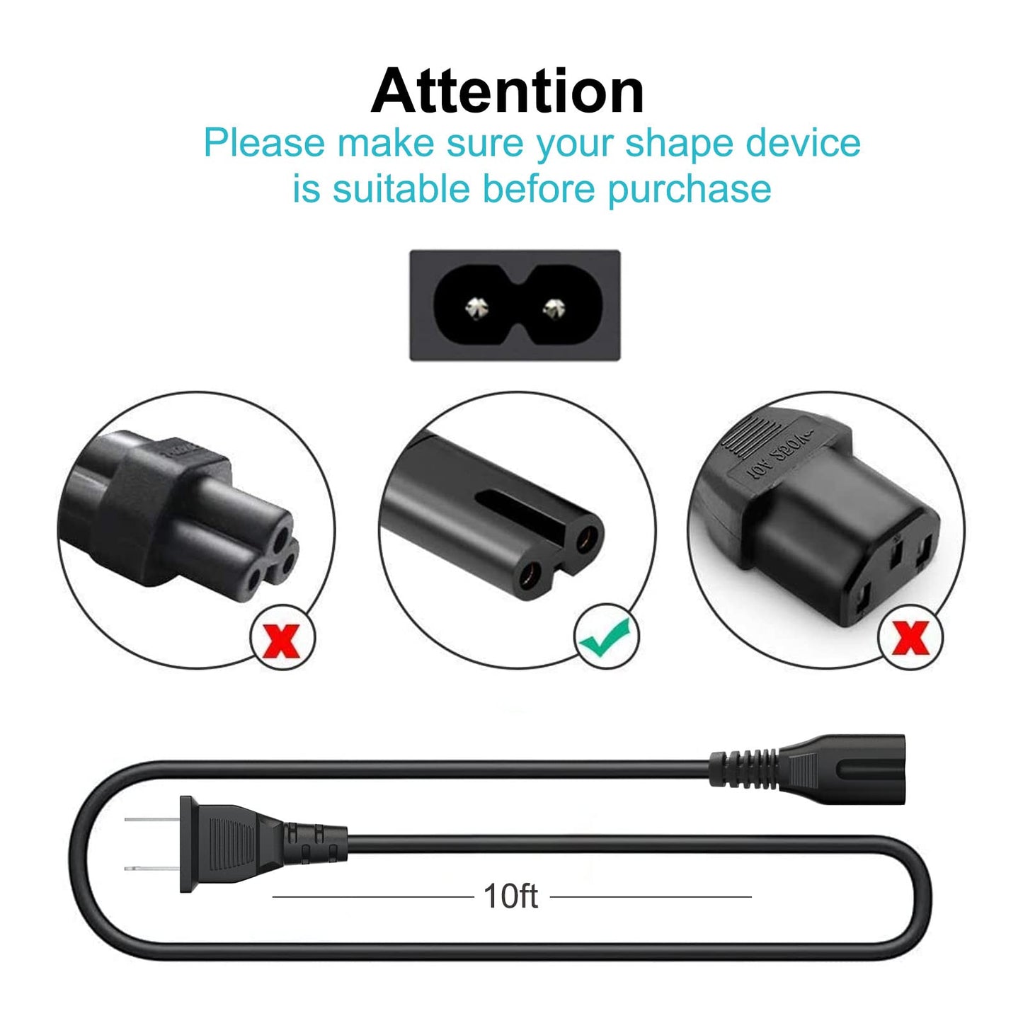 10Ft 2 Prong AC Power Cord Plug for ONN. 100008734 100008736, ONN TV, JBL PartyBox 100 200 300 1000 310 710 1000 On-The-Go Bluetooth Speaker ION Game