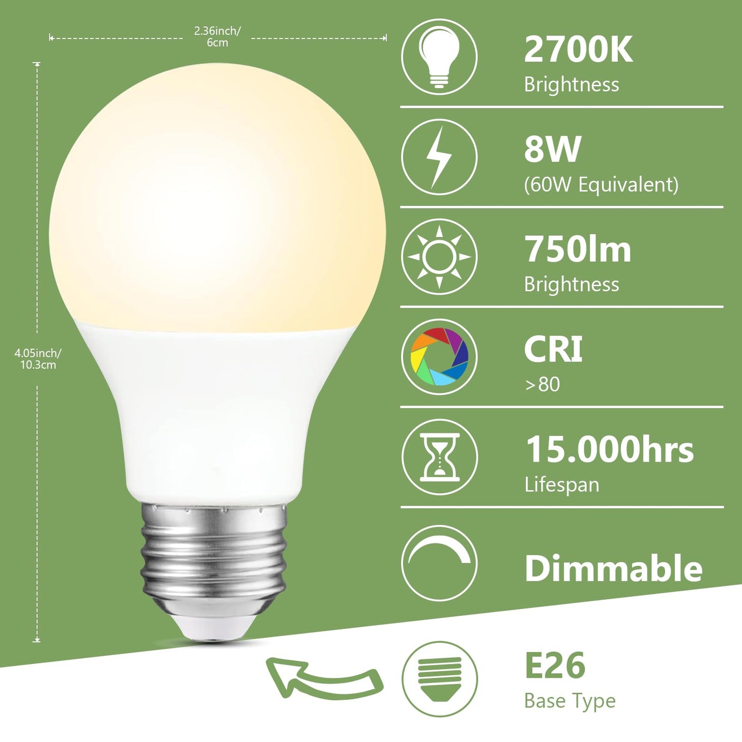 Sigalux 12 Pack A19 LED Light Bulbs Dimmable, 60W Equivalent 750 Lumens, 2700K Soft White, E26 Base, 8W Energy Saving, 15000 Hour Lifespan, CRI 80+