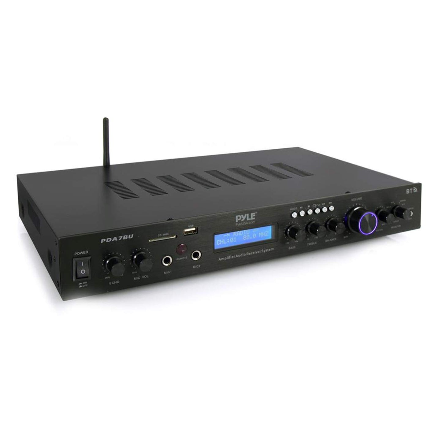 Pyle Bluetooth Home Theater Amplifier - 200 Watts into 5 Channels with Subwoofer Out, Easy Karaoke - Dual Mic, Wireless Streaming, USB/SD with MP3