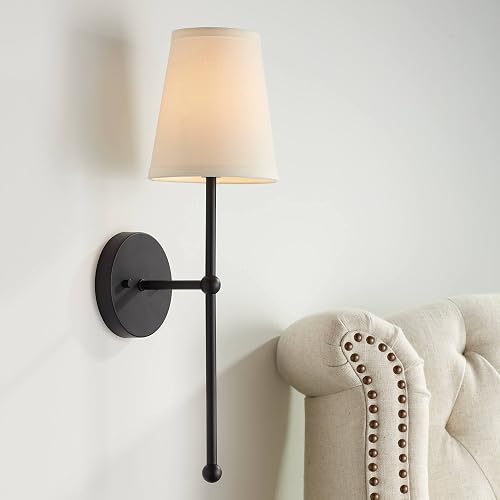 Possini Euro Design Elena Modern Wall Light Sconce Matte Black Metal Hardwired 6" Fixture Cream Linen Tall Drum Shade for Bedroom Bedside Living Room