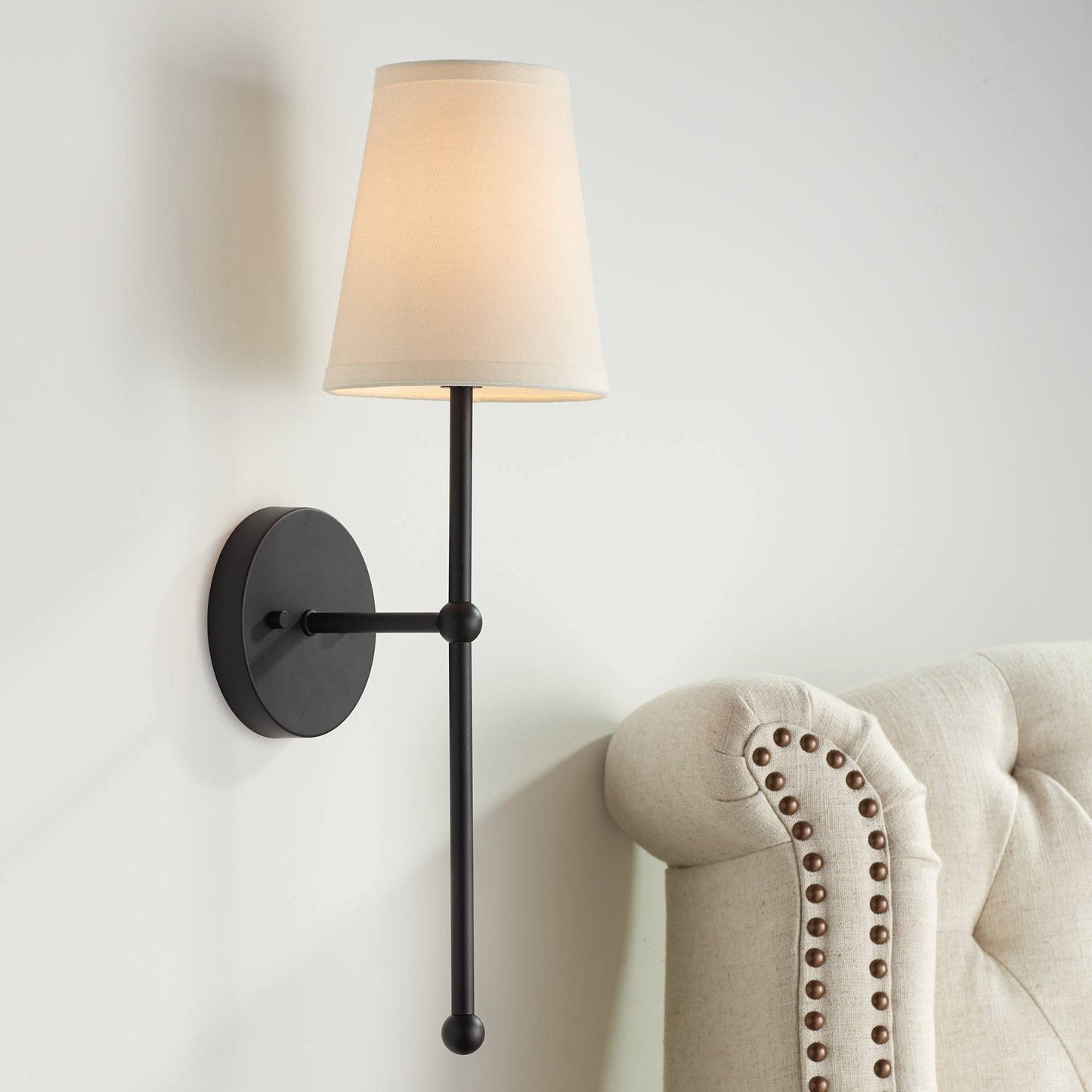 Possini Euro Design Elena Modern Wall Light Sconce Matte Black Metal Hardwired 6" Fixture Cream Linen Tall Drum Shade for Bedroom Bedside Living Room