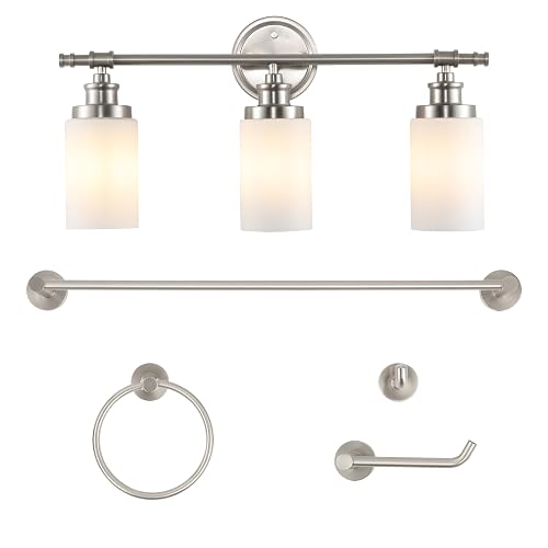JONATHAN Y JYL1503C Egan 23.25" 3-Light Classic Cottage Vanity Light with Frosted Glass Shades and Bathroom Accessory Set, Brushed Nickel (5-Piece)