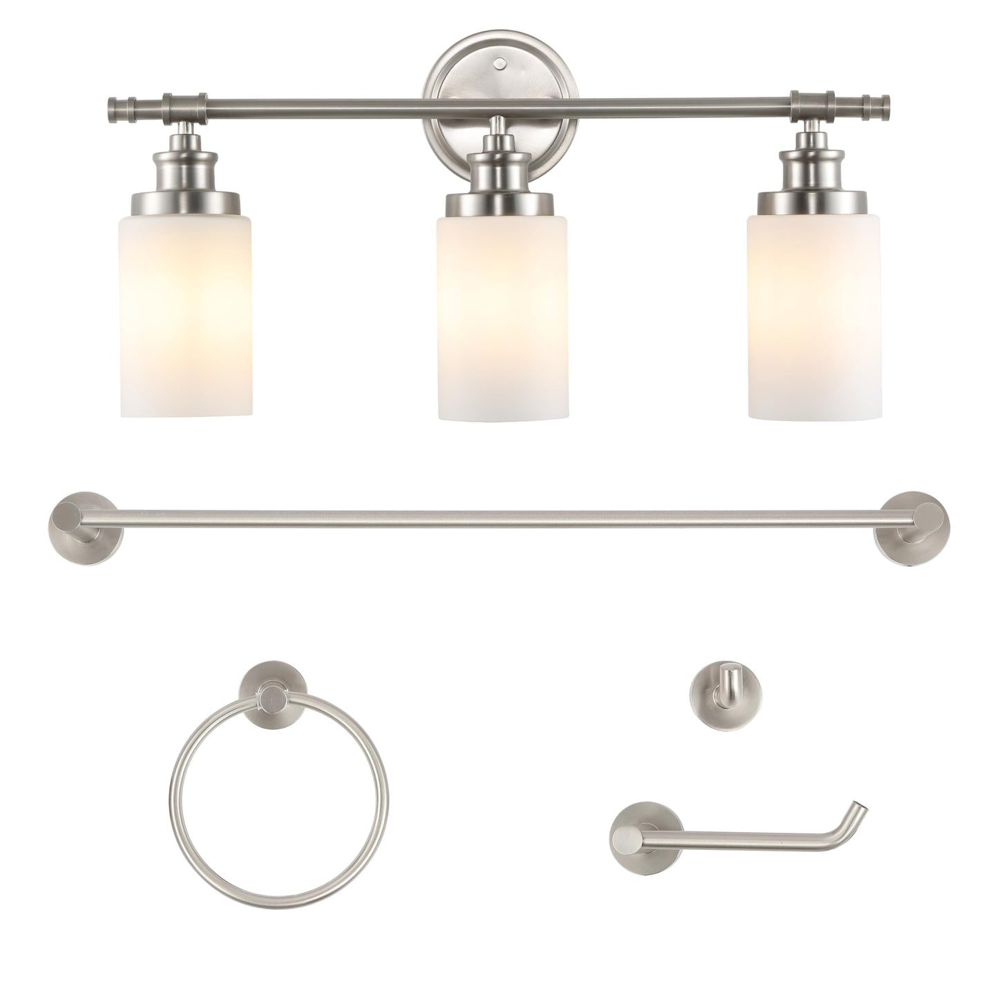 JONATHAN Y JYL1503C Egan 23.25" 3-Light Classic Cottage Vanity Light with Frosted Glass Shades and Bathroom Accessory Set, Brushed Nickel (5-Piece)