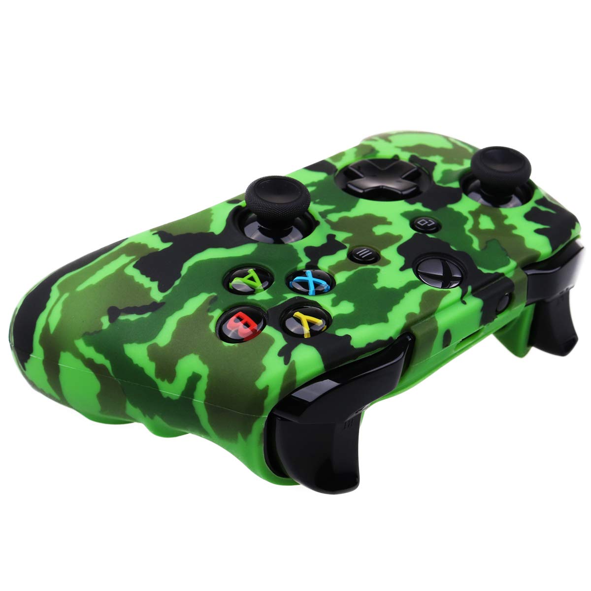 YoRHa Water Transfer Printing Camouflage Silicone Cover Skin Case for Microsoft Xbox One X & Xbox One S Controller x 1(Green) with PRO Thumb Grips x 8