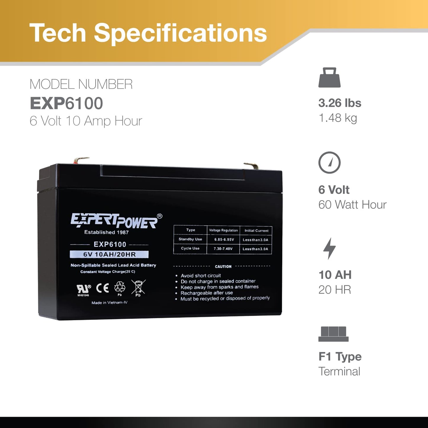 ExpertPower 6V 10AH Sealed Lead Acid (SLA) Battery with F1 Terminal