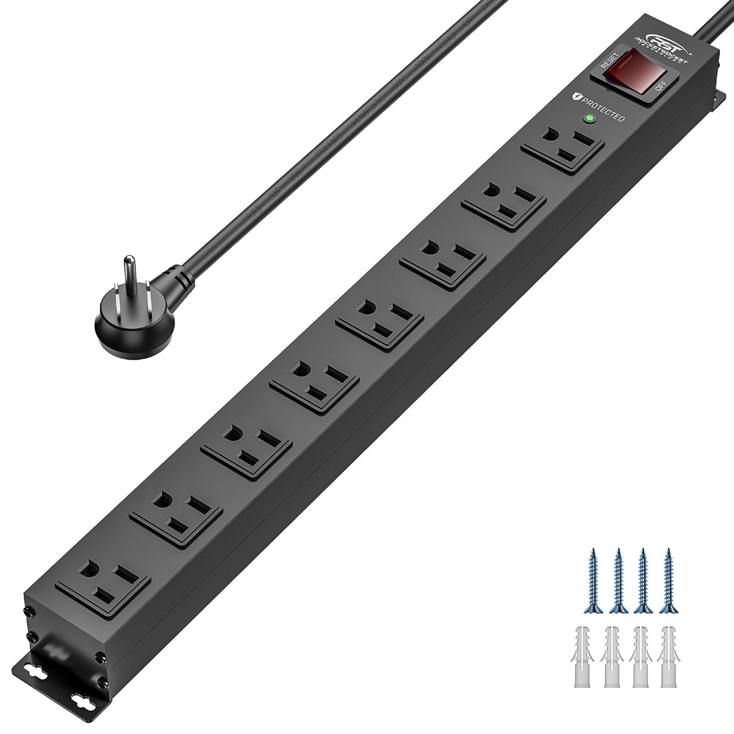 CRST 8 Outlet Metal Heavy Duty Power Strip, 2100J Surge Protector with 6FT Cord, 15A/1875W Wide Spaced Mountable Industrial Power Strip