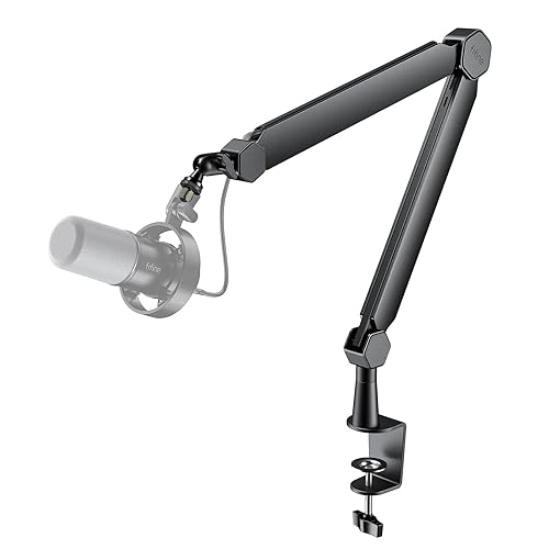 FIFINE Mic Arm Stand, Microphone Boom Arm with Desk Clamp, Cable Channels, 3/8" to 5/8" Threads, Heavy Metal Microphone Stand for Podcast, Vocal