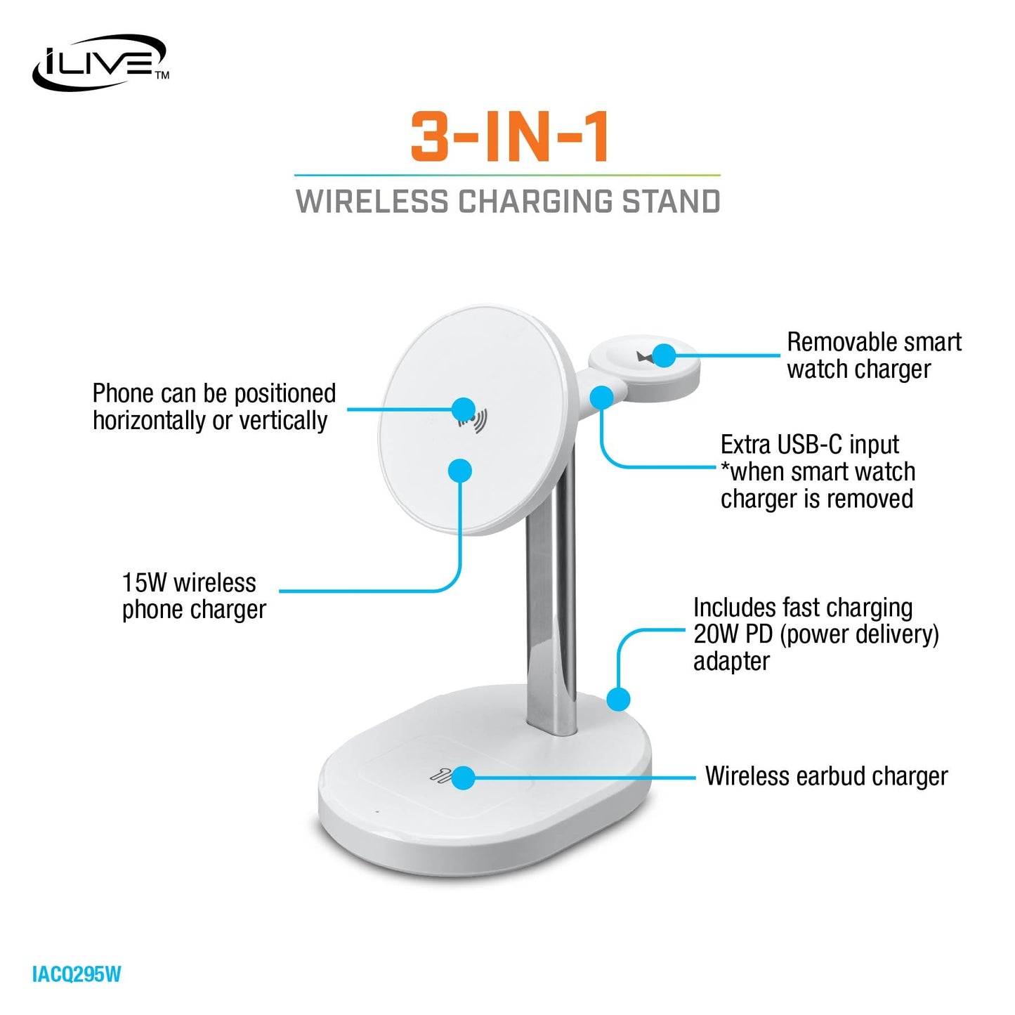 iLive Electronics 3-in-1 Wireless Charging Stand, IACQ295W