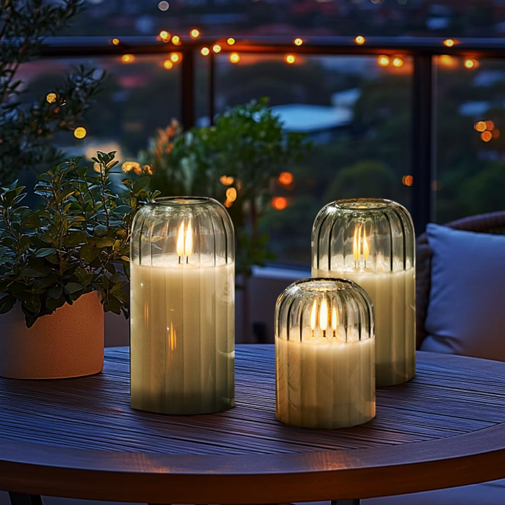 Ribbed Glass Battery Candles - FLameless Candles with Remote, Sage Green LED Candles with Timer, Warm Light, Lasting 350 Hrs and Brightness