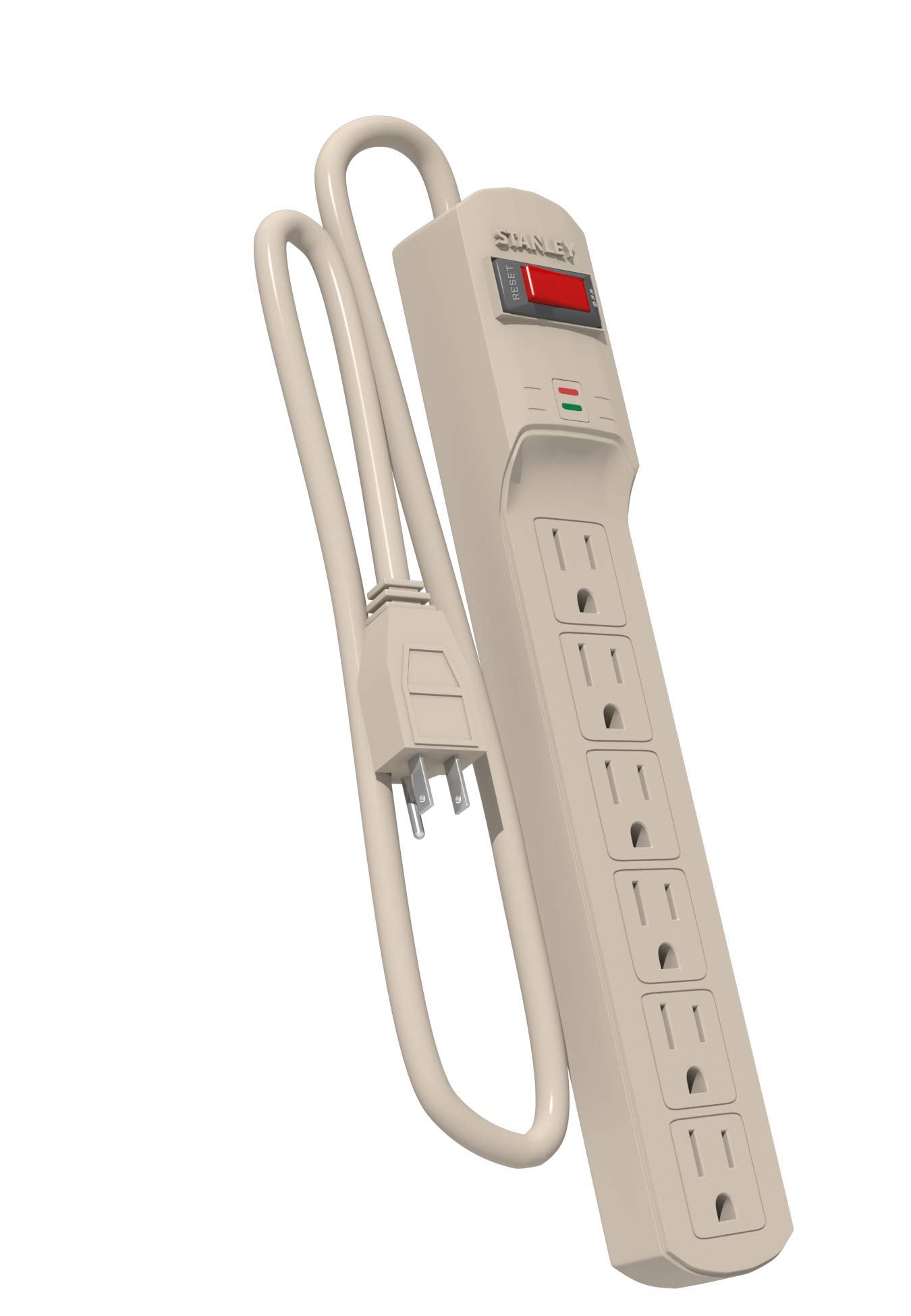 Stanley Surge Protector Power Strip 6 Outlets 800 Joules 3 Ft 14/3 AWG Cable 125V/15A 1875W Circuit Breaker Surge Indicator Light Mountable Beige
