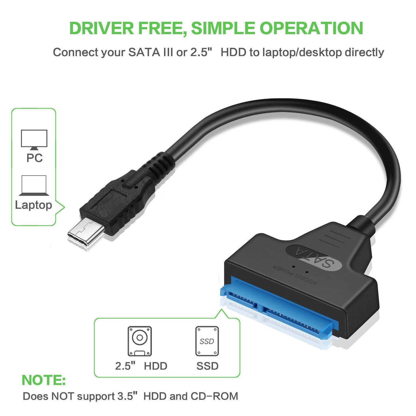 NTQinParts USB 3.1 Type C to SATA III HDD SSD 2.5" Hard Drive Adapter Cable 22-Pin UASP for Samsung 870 EVO SATA III SSD 2.5” Internal Solid State