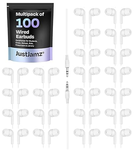 JustJamz Pearl White Bulk Headphones 100 Pack - Wired Earbuds Bulk for Classroom, Schools, and Students - Disposable Ear Buds for Kids and Adults