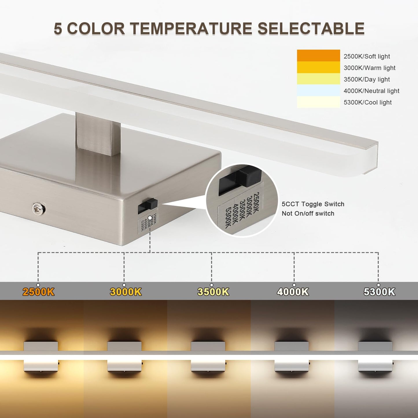 Pasoar LED Modern Bathroom Light Fixtures 12W Brushed Nickel Vanity Lights Bar 5CCT Dimmable ixture Over Mirror Vanity Light for Bathroom Lighting