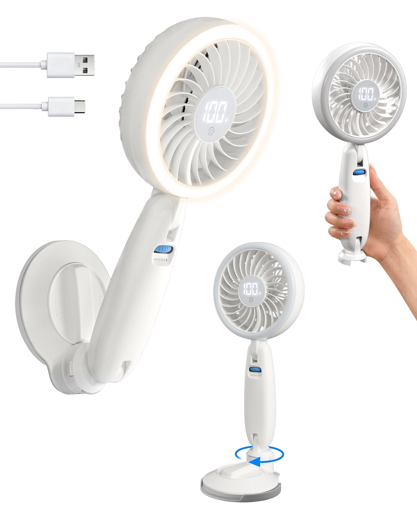3-in-1 Suction Wall Mount Fan with Light & Display, Detach to Handheld Fan
