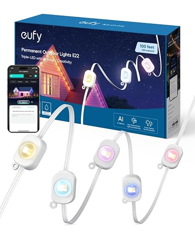eufy Permanent Outdoor Lights E22, 100ft with 60 Triple-LED Lights, Smart RGBWW for Christmas, Daily and Holiday, Up to IP67 Waterproof, AI Light