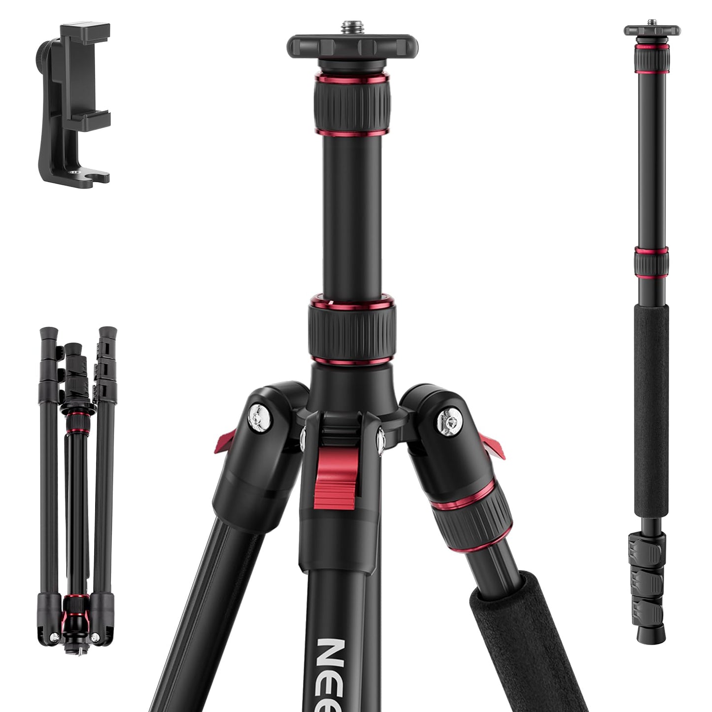 NEEWER Basics TP15 Camera Tripod Monopod, 68" Metal Heavy Duty Portable Travel DSLR Cell Phone Stand with Cellphone Holder Mount Compatible