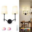 Troconce Wall Lights Battery Operated Wall Sconces 2-Light, Black Rechargeable Wall Sconce with 15 RGB Dimmable Detachable Bulbs and Remote, Wireless