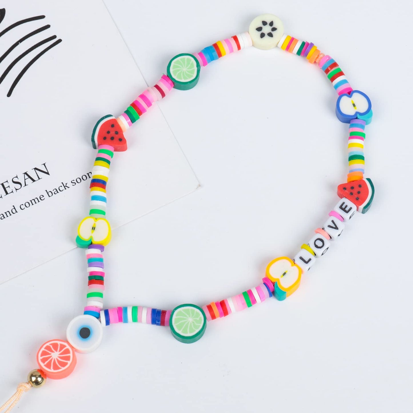 Ninelimi 3 Pieces Smile Face Beaded Phone Lanyard Wrist Strap Fruit Star Letter Pearl Handmade Rainbow Polymer Clay Acrylic Beads Pearl Bracelet