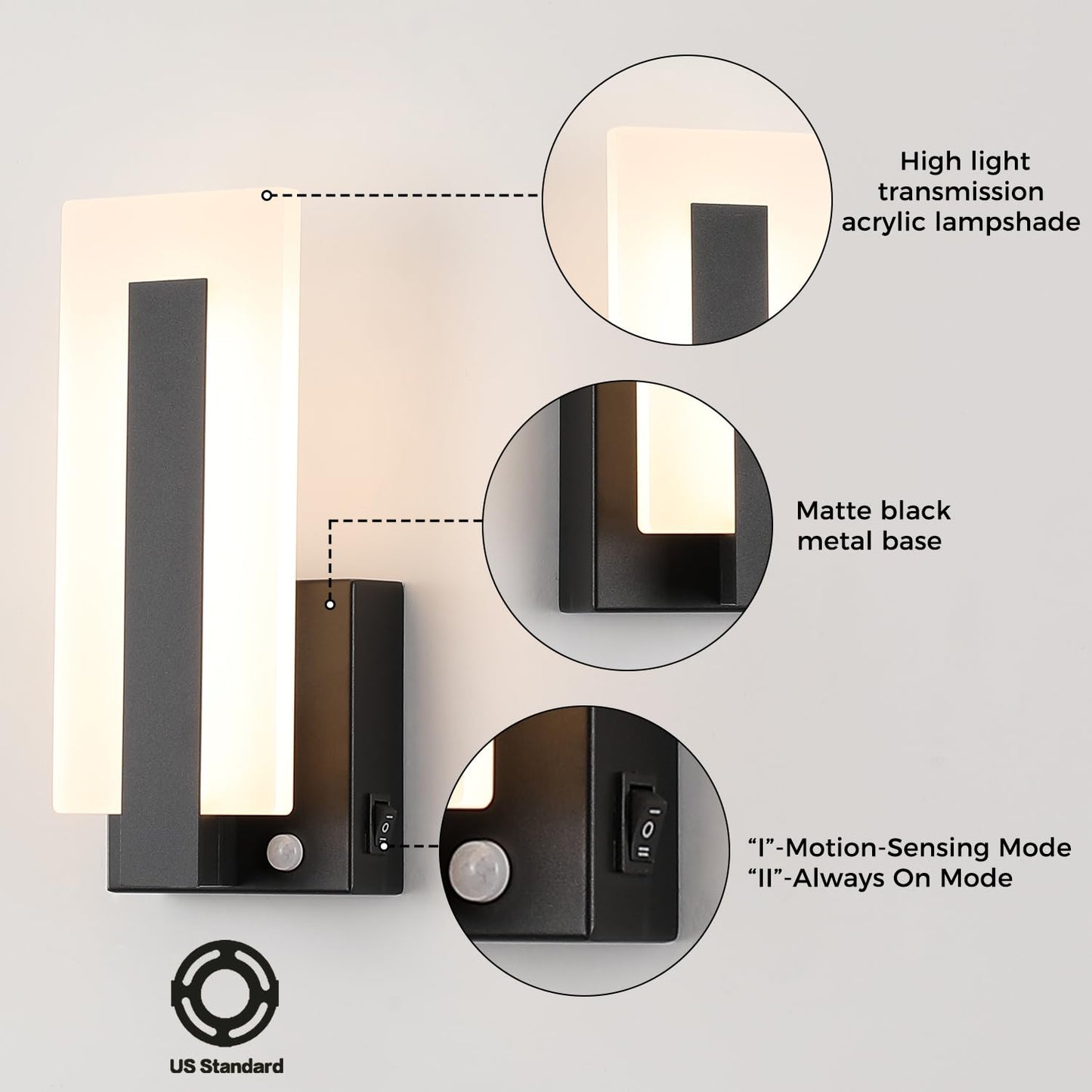 Joosenhouse Wall Sconces Set of Two Hardwired, Black Motion Sensor Wall Light Indoor, Modern Metal and Acrylic LED Wall Lamp 3000K Warm White