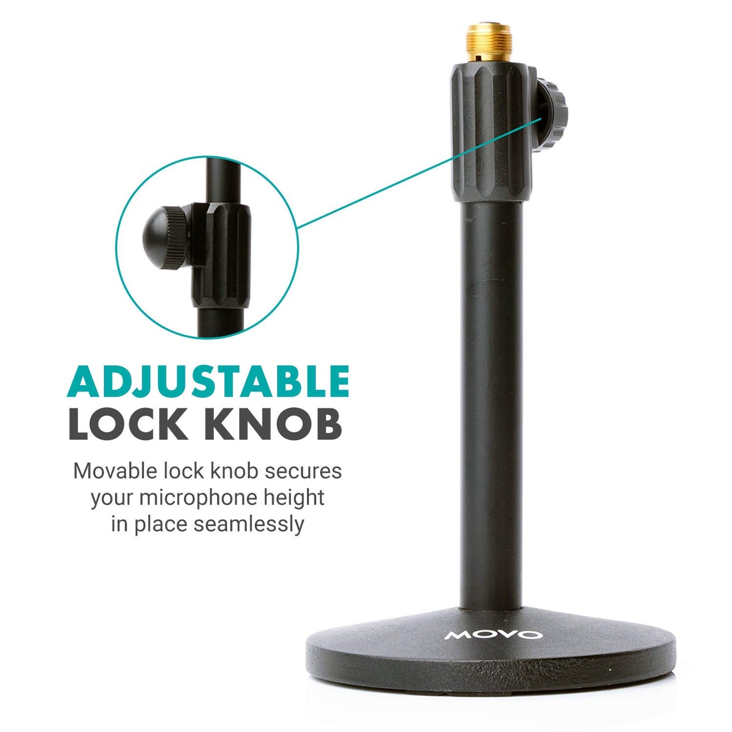 Movo TMC-3 Small Adjustable Table Mic Stand with Round Base and Universal Mic Clip. Table Top Mic Stand Height is Adjustable with Weighted Base Sits