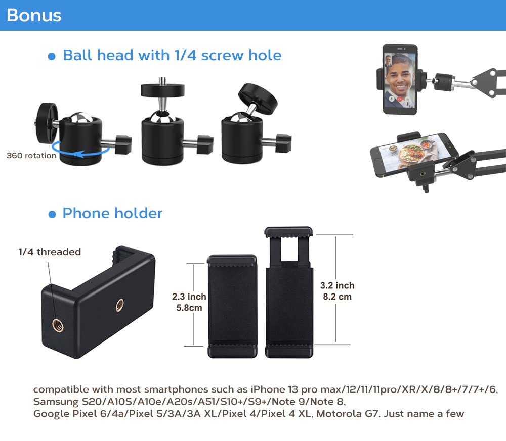 Overhead Tripod Mount for Camera Webcam Ring Light, Flexible Over Head Arm for iPhone with Phone Holder and Ball Head, Table Stand Accessory for Phone
