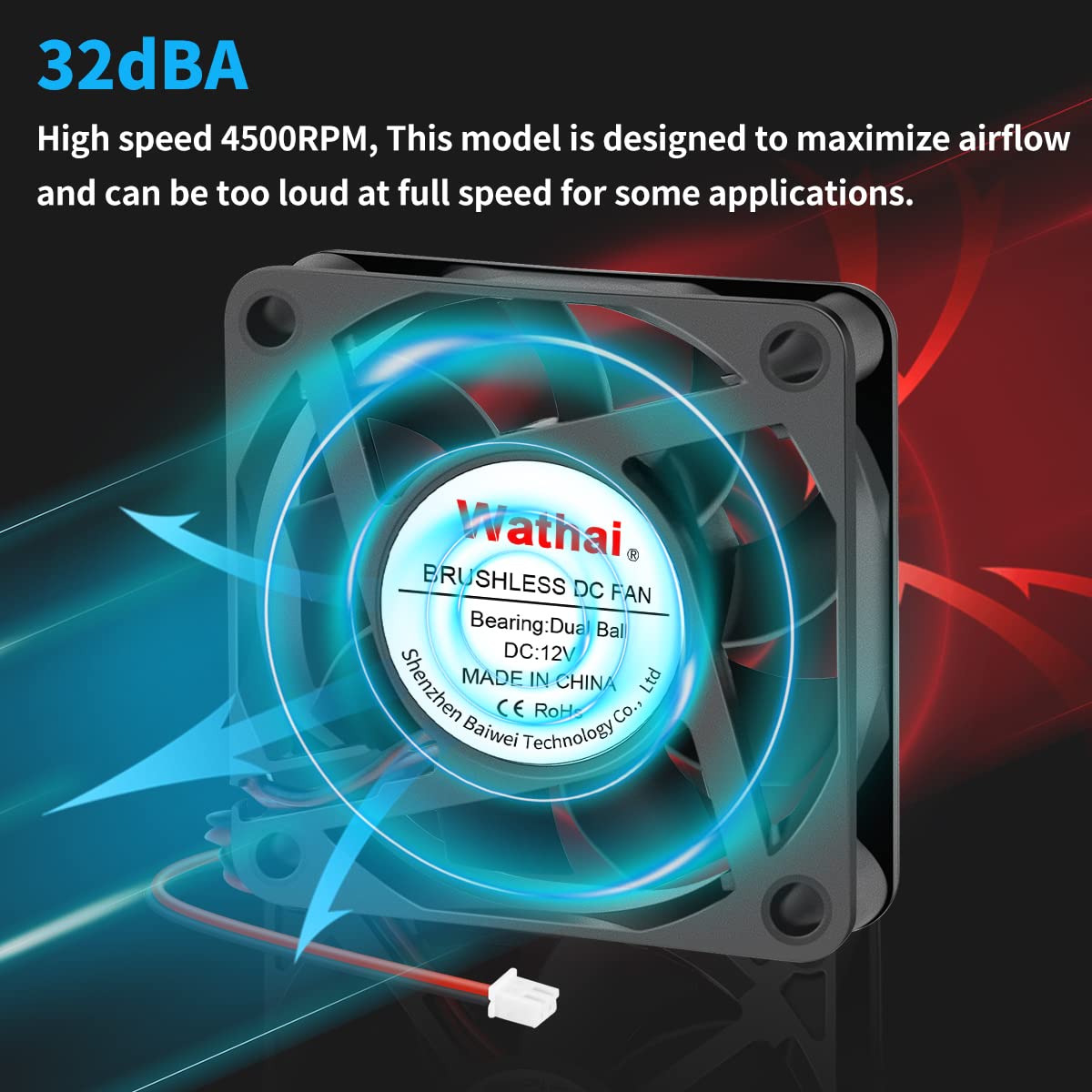 Wathai 60mm 12V Dual Ball Bearing High Speed DC Exhaust Cooling Fan (60x60x15mm, 4500RPM, 24.8CFM, 32dBA) for Desktops, Laptops