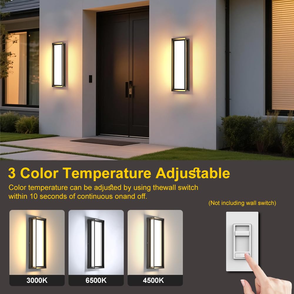Cylutaes 2Packs LED Outdoor Wall Lights,Dimmable Exterior Wall Sconce 16",3000K / 4000K / 6000K,IP65 Waterproof,Modern Black Outside Light