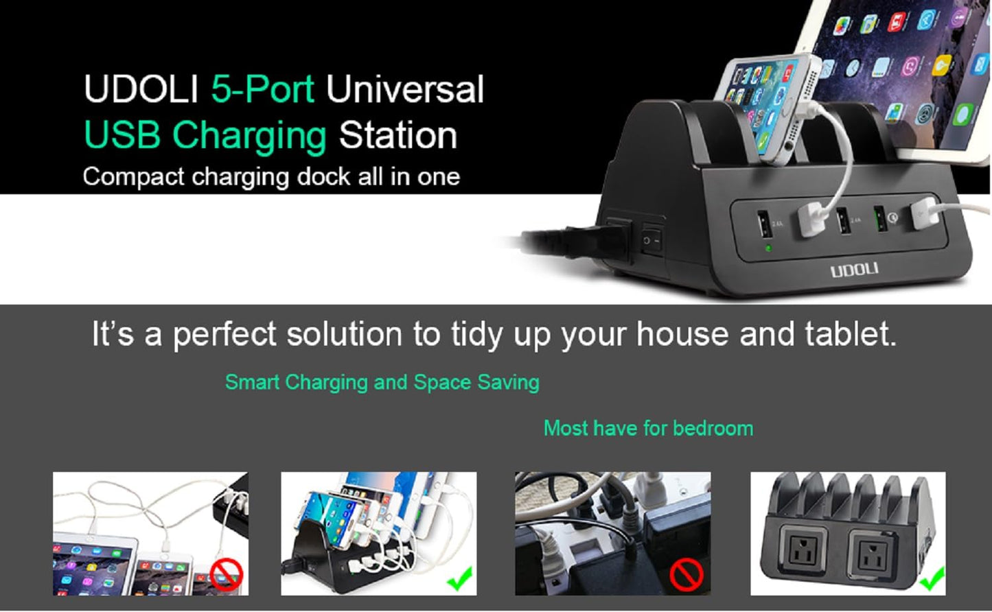 UDOLI 5 USB Ports Charging Station Organizer for Multiple Devices Fast Charging Desktop Stand for Apple Android Phone Tablet 1600W 2 AC Power Outlets