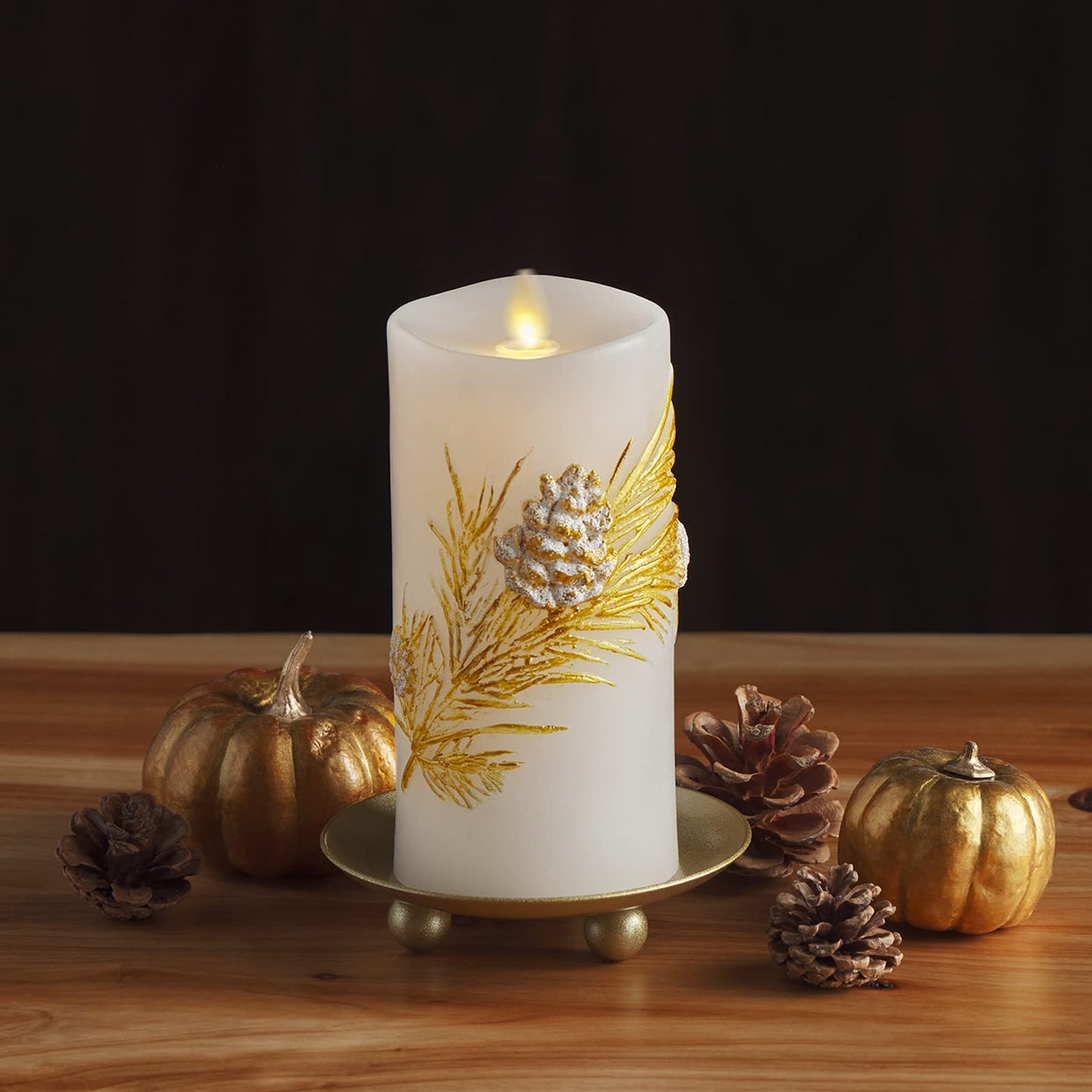 Luminara Embossed White Pinecone Flameless LED Candle Pillar (3" x 6.5") - with Recessed Edge Unscented Real Wax LED Battery Operated Candle Lights