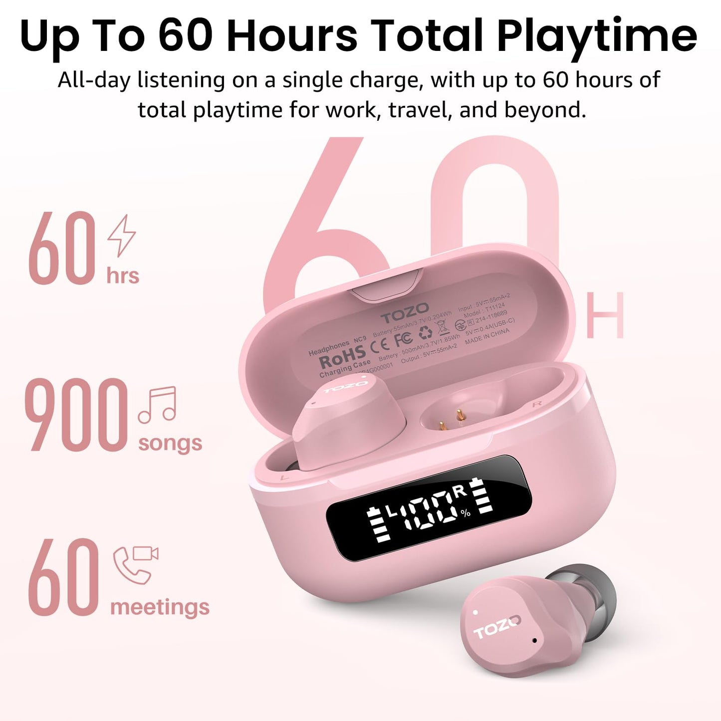 TOZO NC9 Hybrid Active Noise Cancelling Wireless Earbuds, 60H, LED Display
