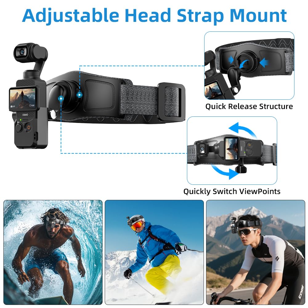 SUREWO 4 in 1 DJI Osmo Pocket 3 Accessories Kit,Quick Release Chest Mount Harness/Quick Release Head Strap Mount/ 360°Rotating Wrist Strap/Quick Clip