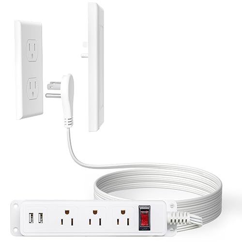 addlon Flat Plug Power Strip with Ultra-Thin Wall Plate, 10 FT Flat Extension Cord with 3 Standard 15A Outlets & 2 USB Ports, Electrocution