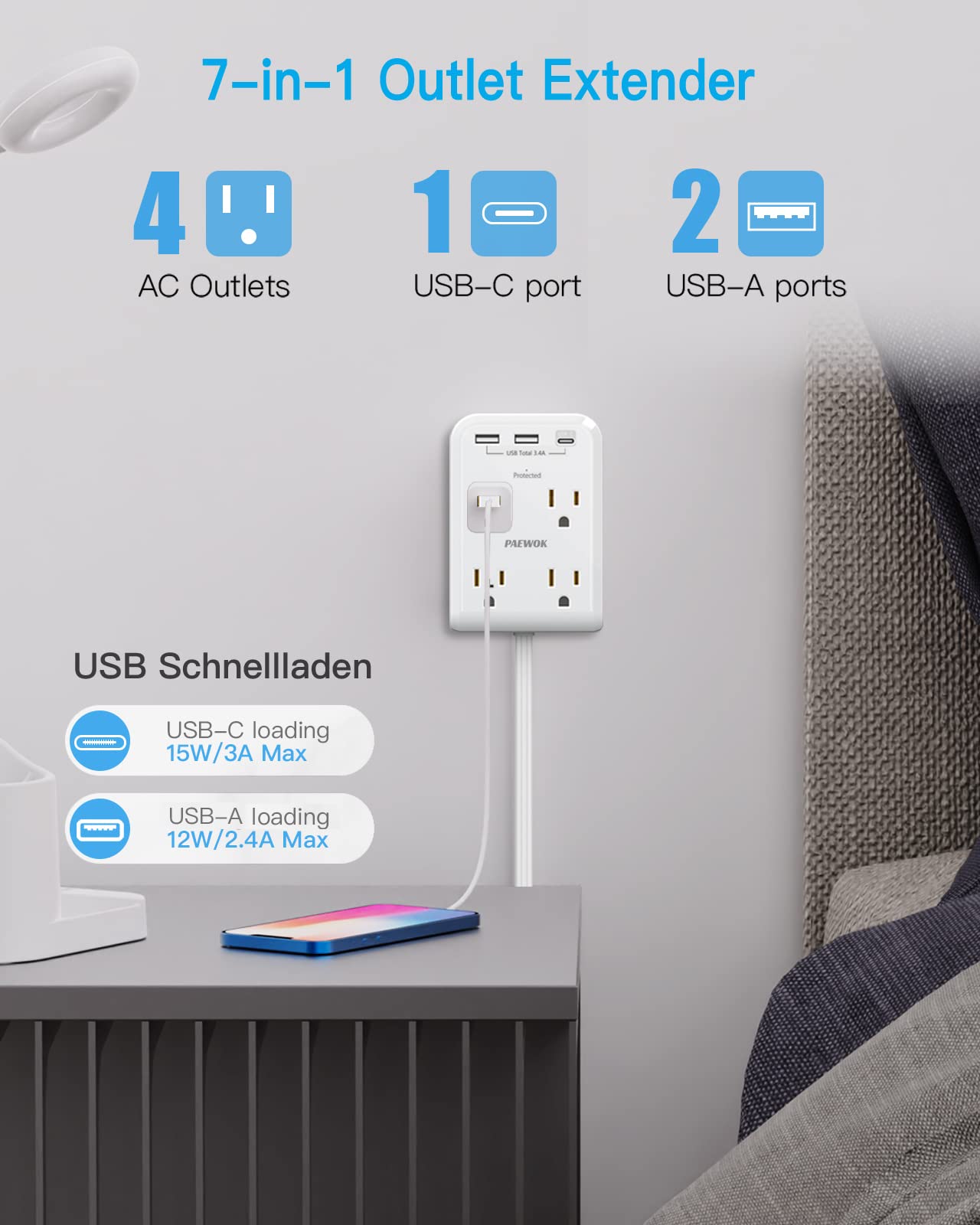 Surge Protector Power Strip, Outlet Extender Stick with USB C Ports, 4 Outlet 3 USB, 4 FT Extension Cord Flat Wall Plug, Home Office Dorm Room