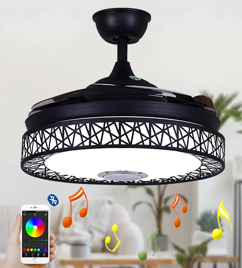 Iammix 42” Modern Retractable Ceiling Fan Indoor Light and Remote Fan Chandelier Light Fixture, Bluetooth Music Player Dimmable Colors, Black Nest