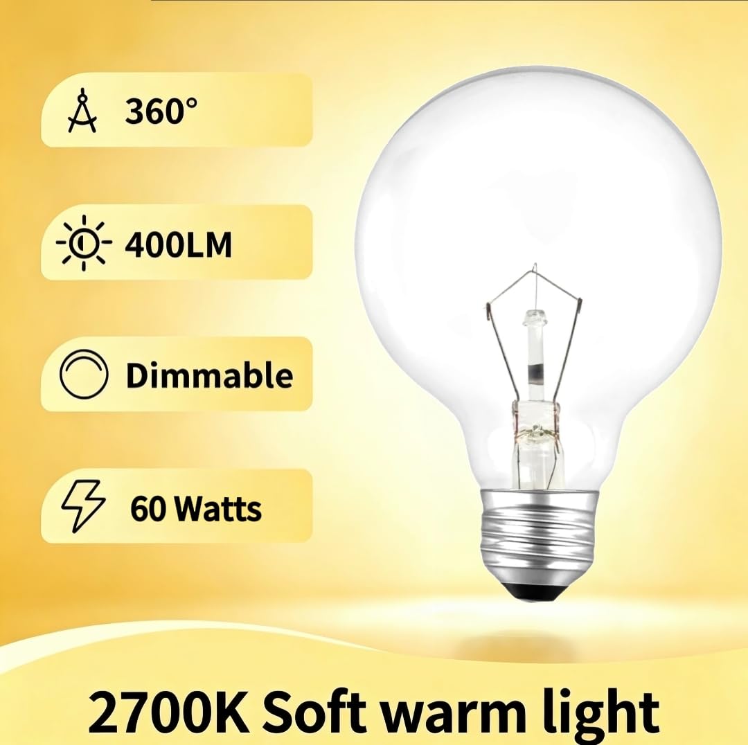 IWOPAN G25 Globe 60W Incandescent Light Bulbs, Double Life Globe Bulb, 2700K Soft White, E26 Base, Dimmable Crystal Clear Vanity Bulbs (4 Pack)
