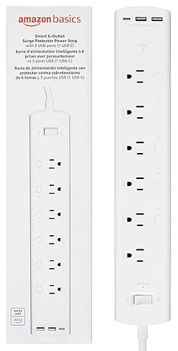 Amazon Basics Smart Plug Power Strip with 6 Individually Controlled Outlets and 3 USB Ports (2 USB-A and 1 USB-C), WiFi, Works with Alexa Only, 2.4