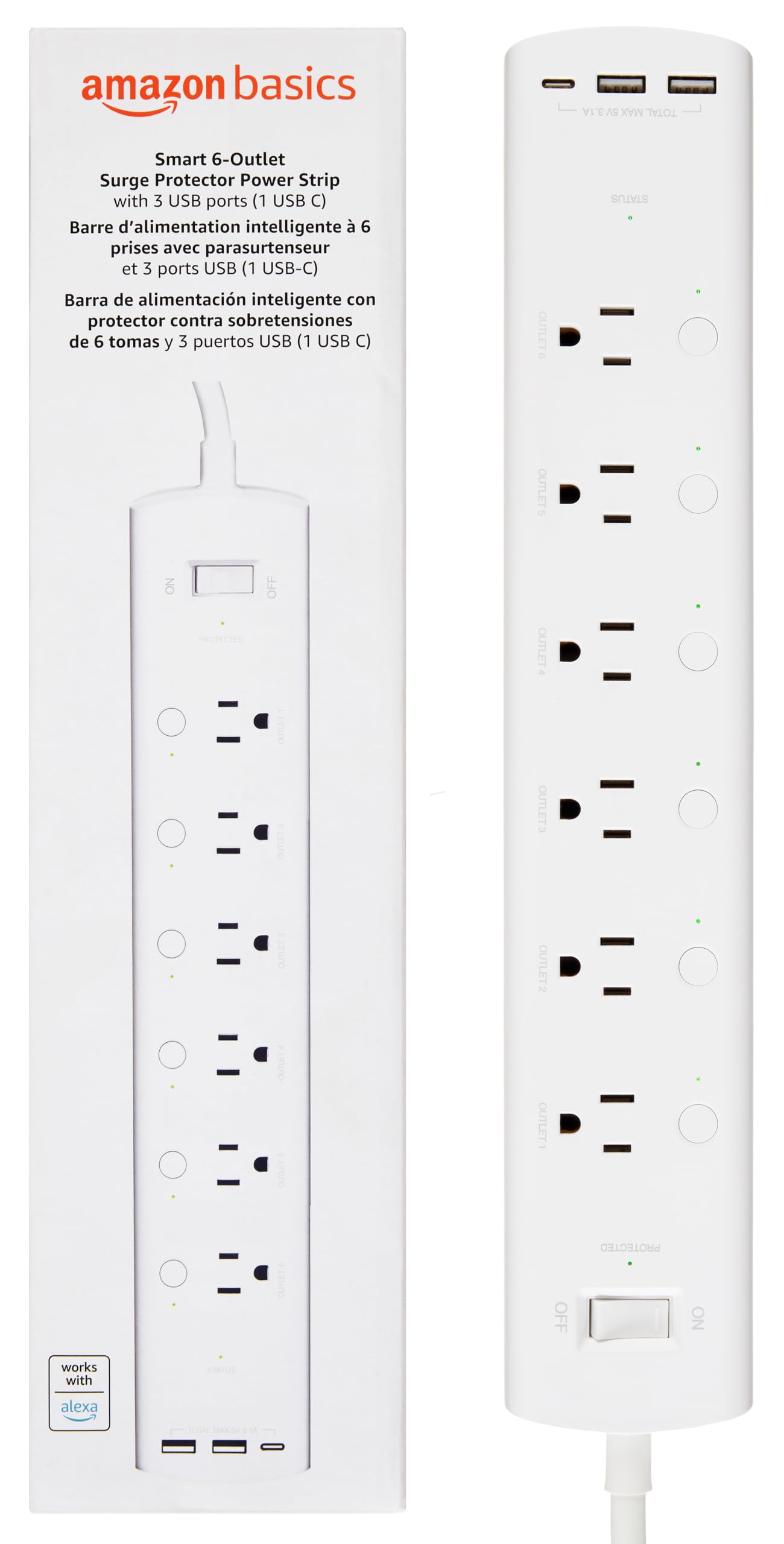Amazon Basics Smart Plug Power Strip with 6 Individually Controlled Outlets and 3 USB Ports (2 USB-A and 1 USB-C), WiFi, Works with Alexa Only, 2.4