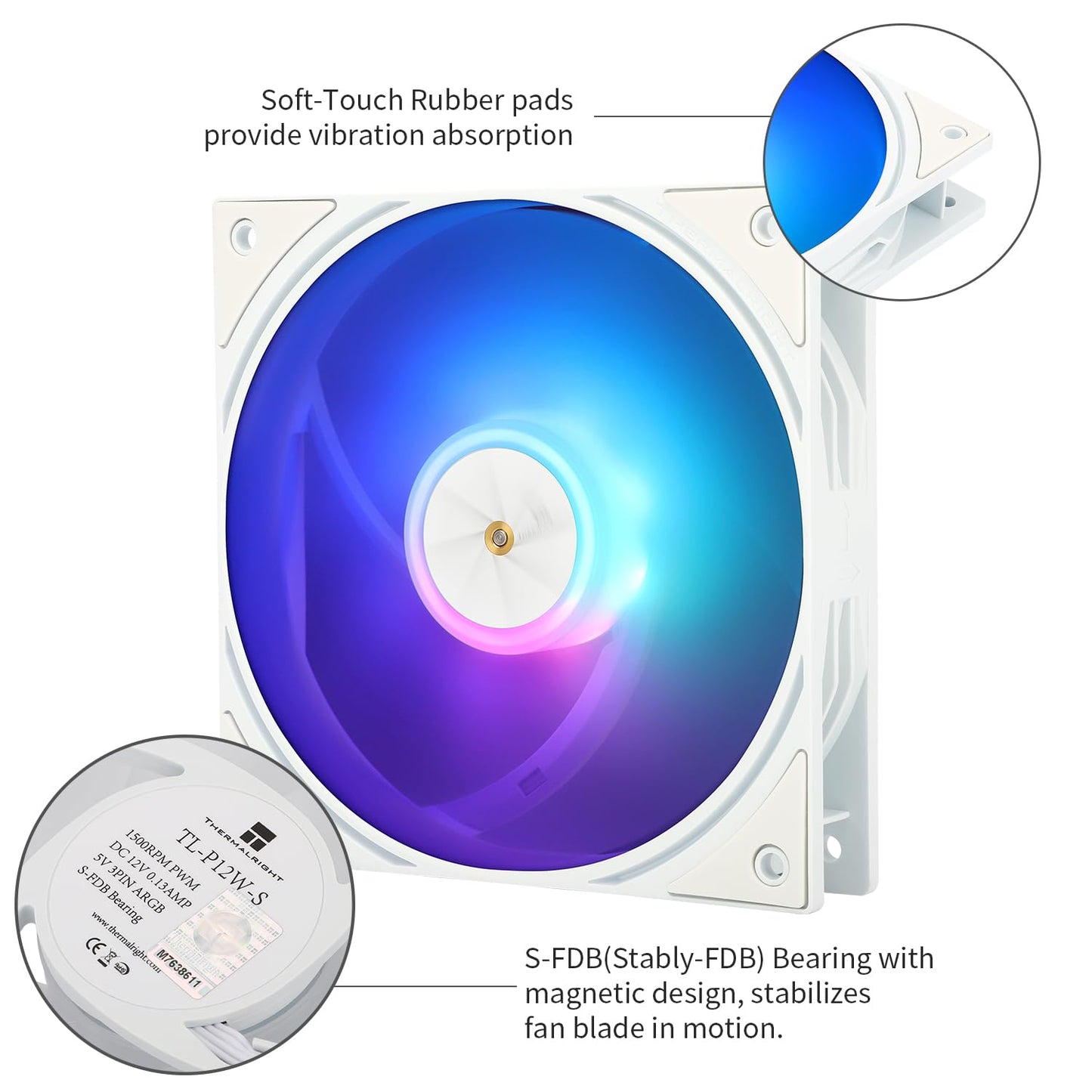 Thermalright TL-P12W-S CPU Case Fan,White ARGB Computer Fan PWM PC, 12cm Specifications Silent Cooler, 1500RPM Speed