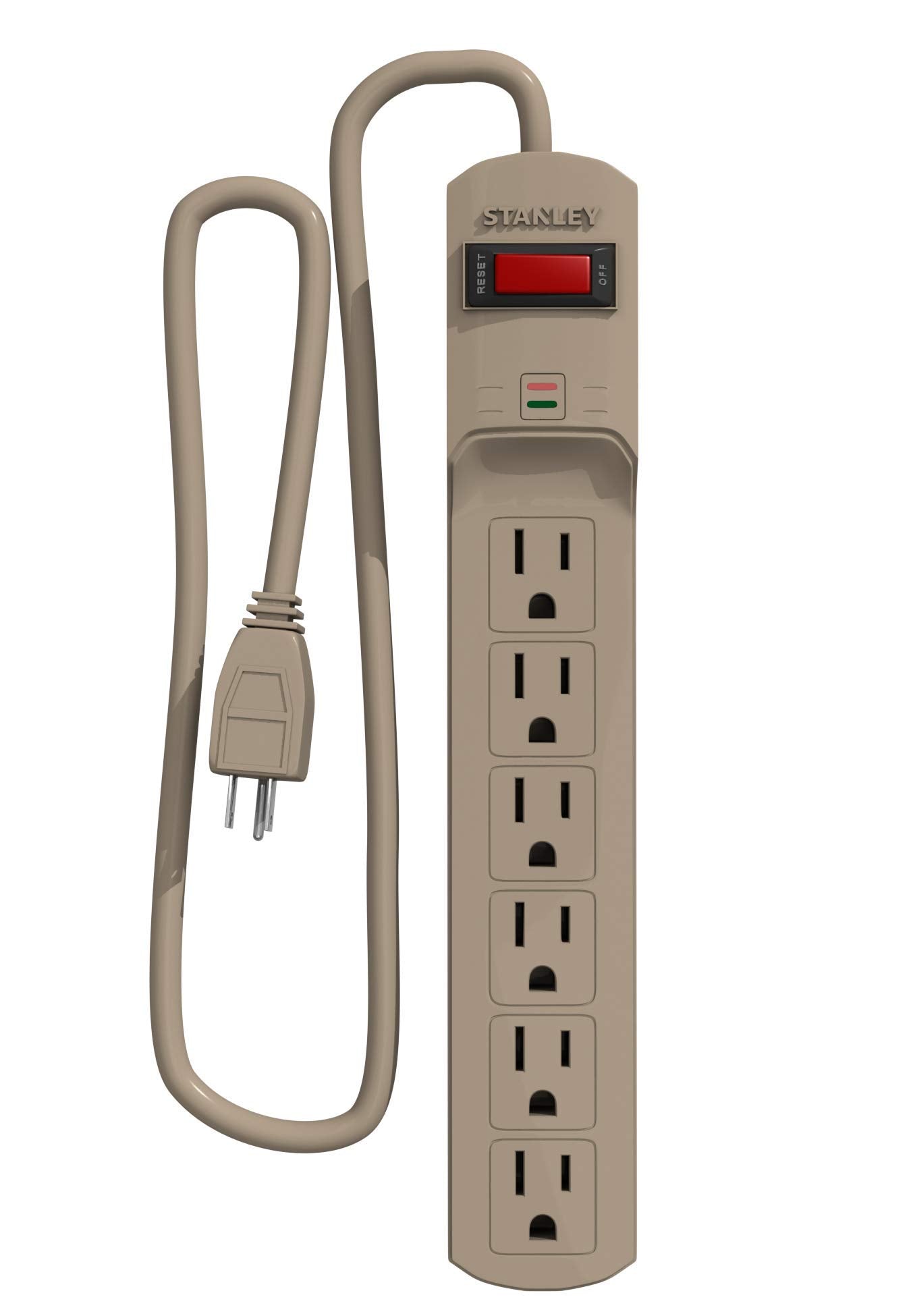 Stanley Surge Protector Power Strip 6 Outlets 800 Joules 3 Ft 14/3 AWG Cable 125V/15A 1875W Circuit Breaker Surge Indicator Light Mountable Beige