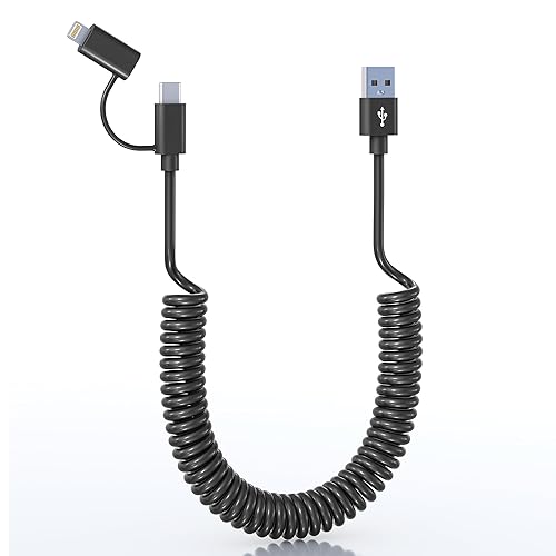 USB to USB C and Lightning Cable Combo 2 in 1 Coiled Cable Support Apple Carplay & Android Auto 3A Fast Charge Data Sync Short Curly Lightning…