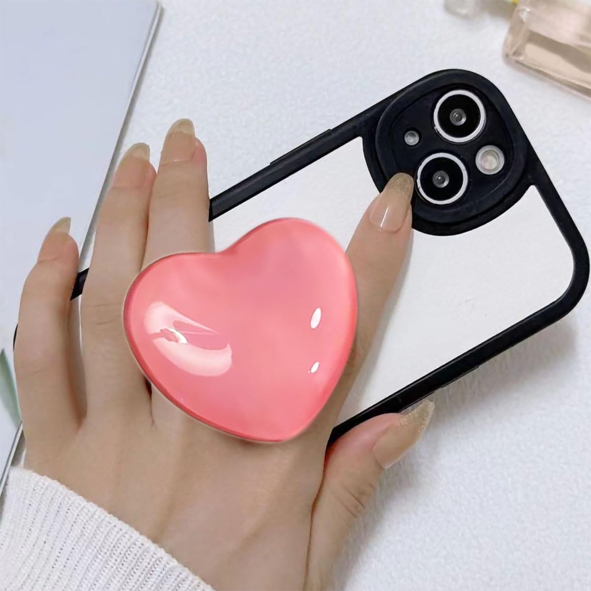 Cute Heart-Shaped Expanding Phone Grip - 3D Deep Pink Crystal Collapsible Phone Mount Holder Stand for Girls Women, Lovely Phone Charm