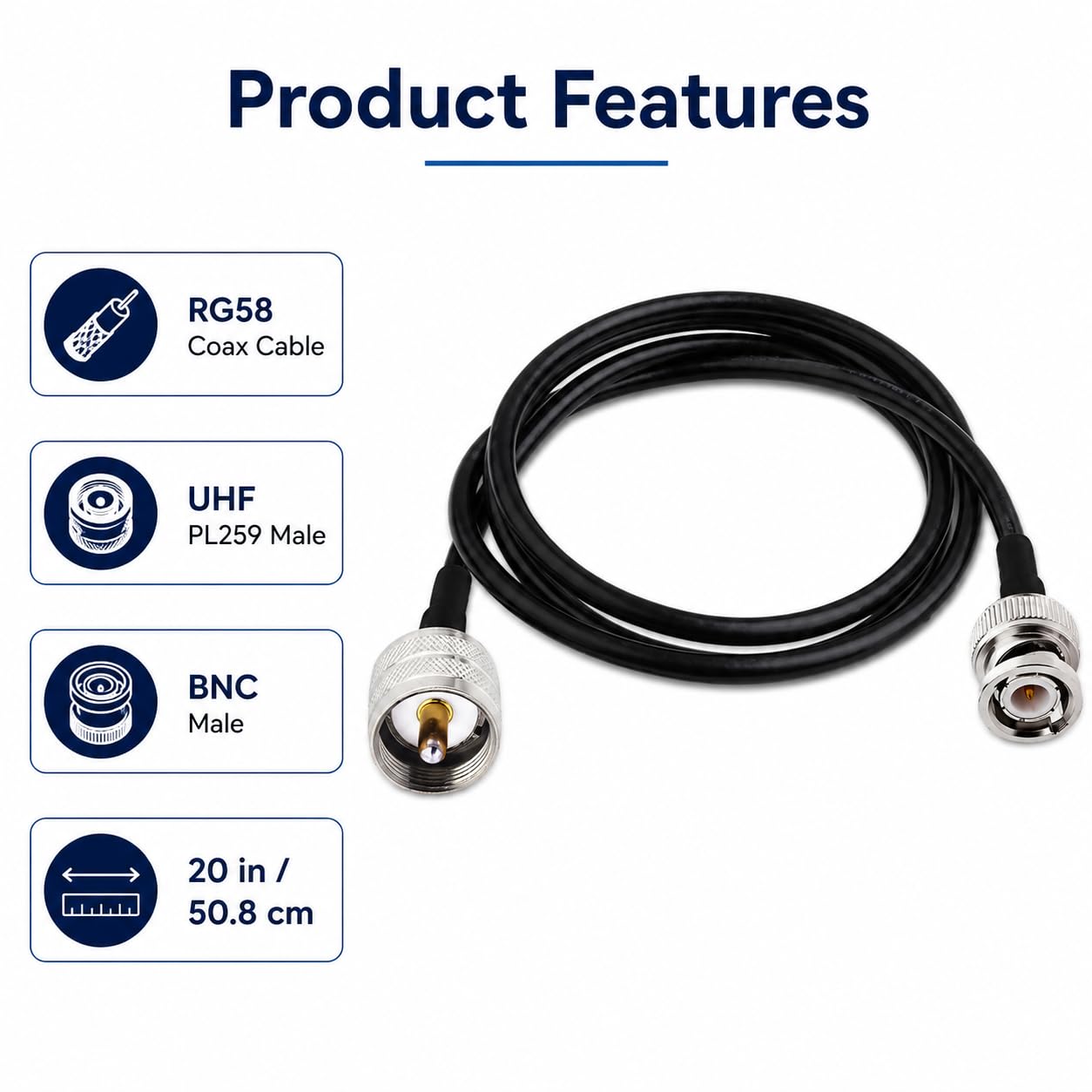 RedYutou Radio cb Antenna Cable UHF pl259 Male Plug to BNC Male RG58/50cm Cable