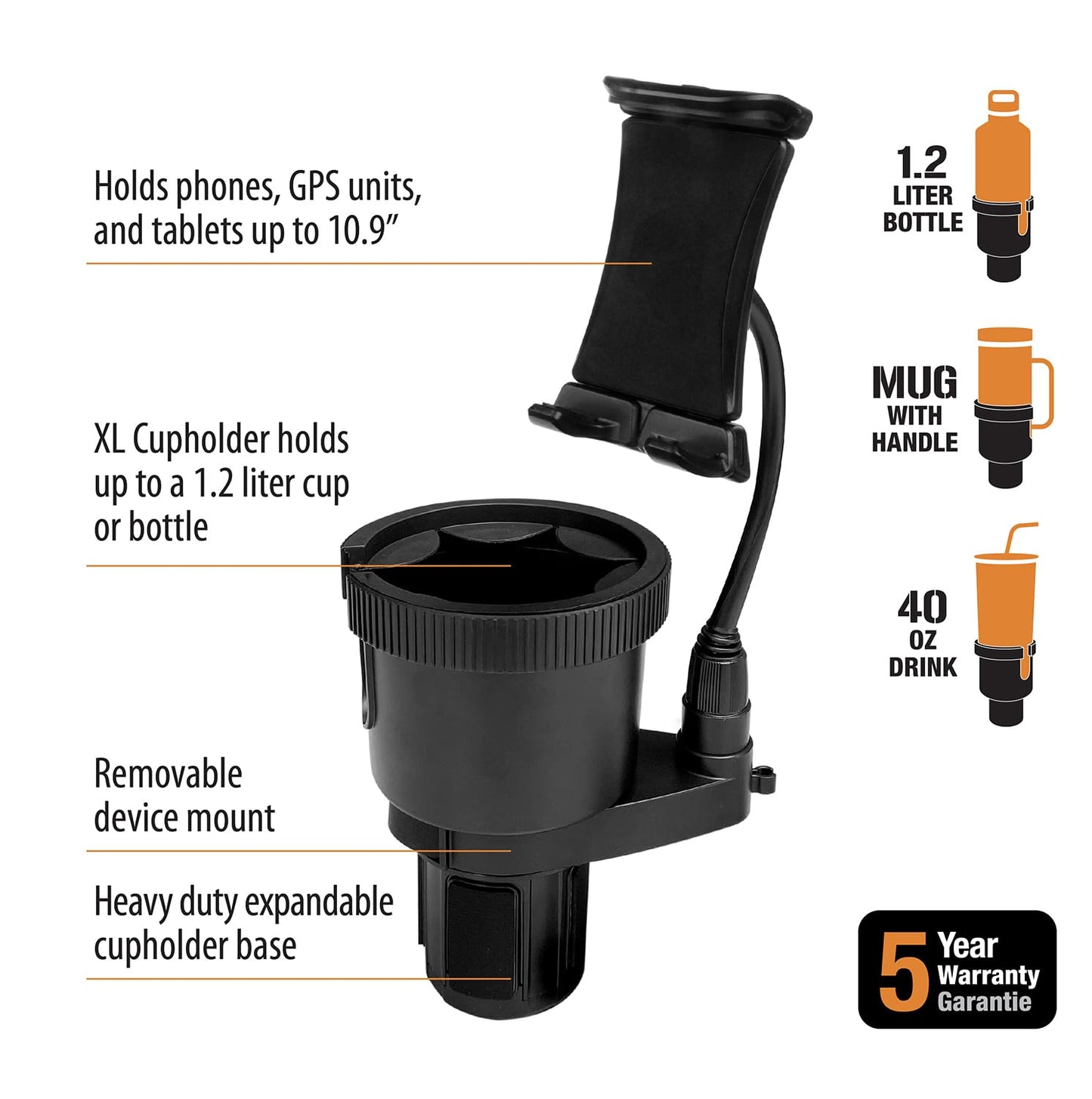 ToughTested TNT Tough N' Thirsty Mega XL Cupholder & Device Mount | Expands to Fit 1.2L Bottles | Adjustable 9" Gooseneck Arm for Phones, Tablets, GPS