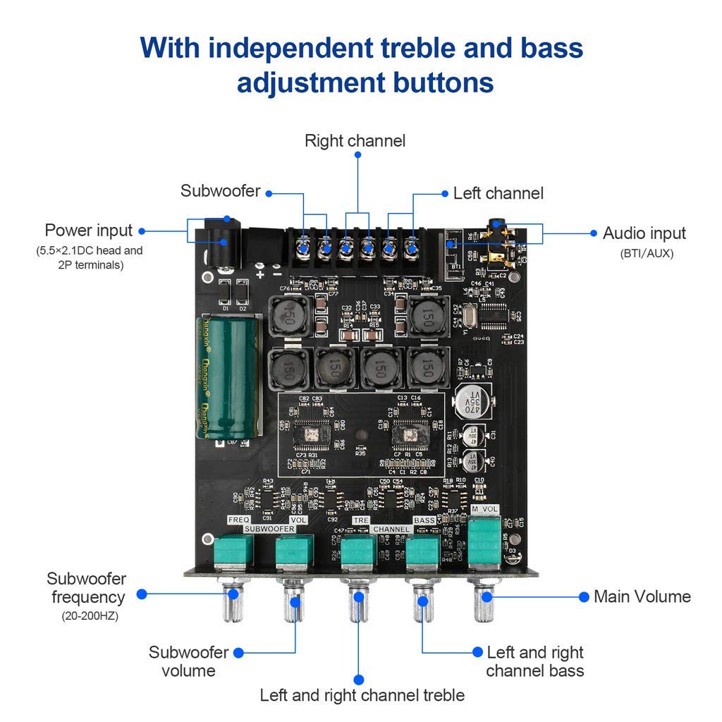 Bluetooth Audio Amplifier Board, ZK-TB21 2.1CH 50W x 2 +100W Subwoofer Power Amp with Treble and Bass Control, Bluetooth5.0 and AUX Inputs, Stereo