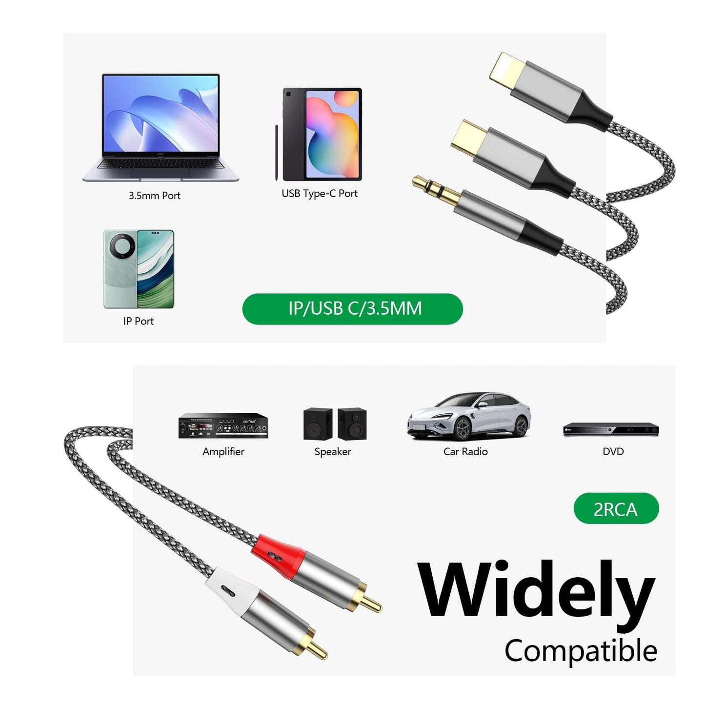 Liaoan Weiyu Three in one RCA Audio Cable, Used to Connect RCA Cable Adapter, USB C to 2 RCA Cable, 3.5mm AUX Audio Cable, Used for Power Amplifier